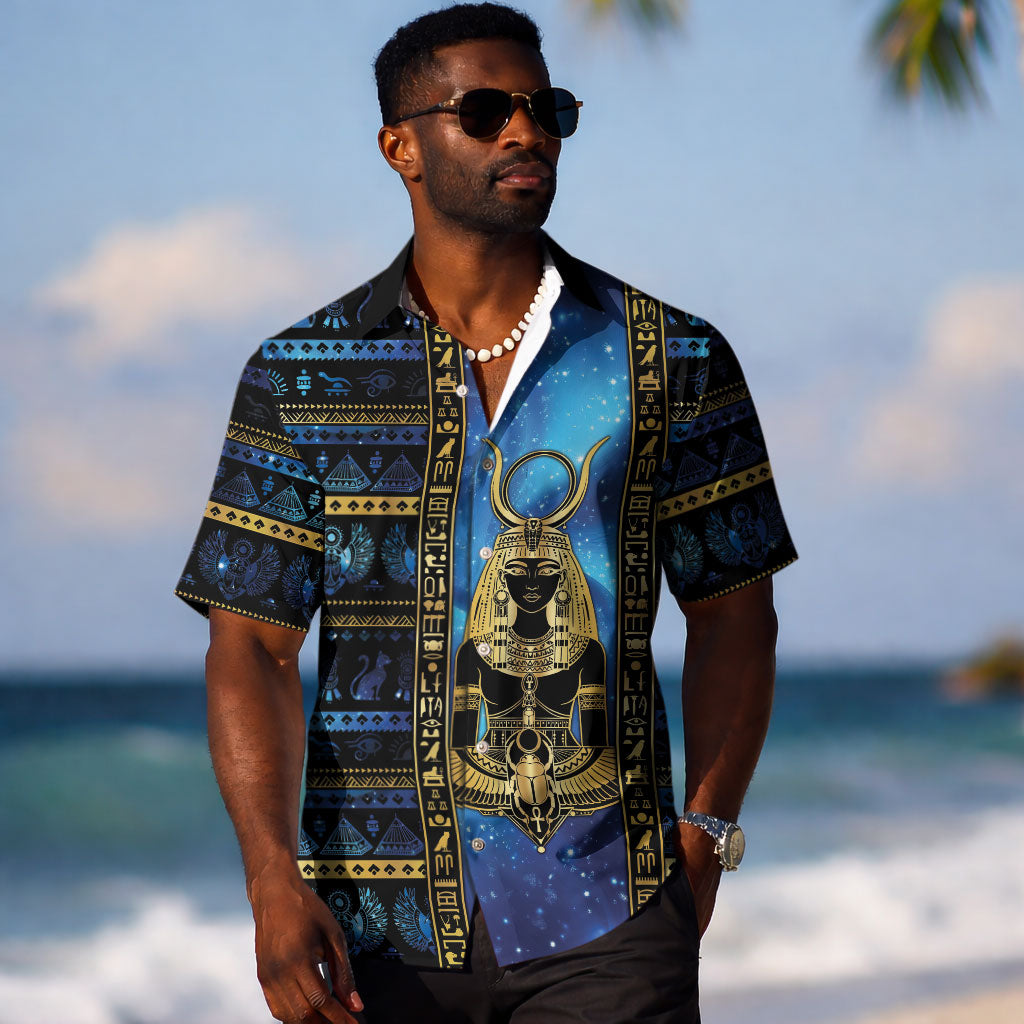 Egyptian Goddess Hathor Hawaiian Shirt Galaxy Ancient Mythology Sun Disk Cow Horn DT05