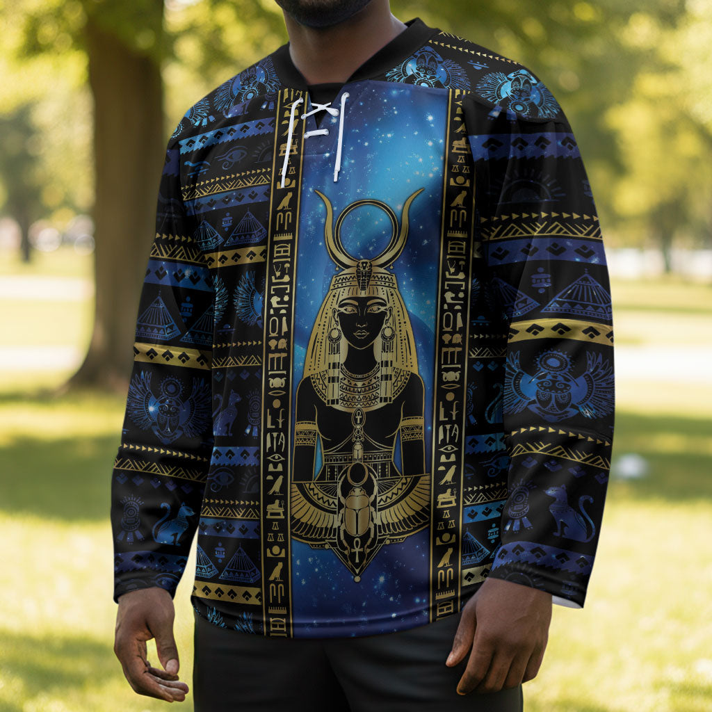 Egyptian Goddess Hathor Hockey Jersey Galaxy Ancient Mythology Sun Disk Cow Horn