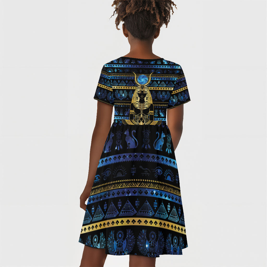 Egyptian Goddess Hathor Kid Short Sleeve Dress Galaxy Ancient Mythology Sun Disk Cow Horn