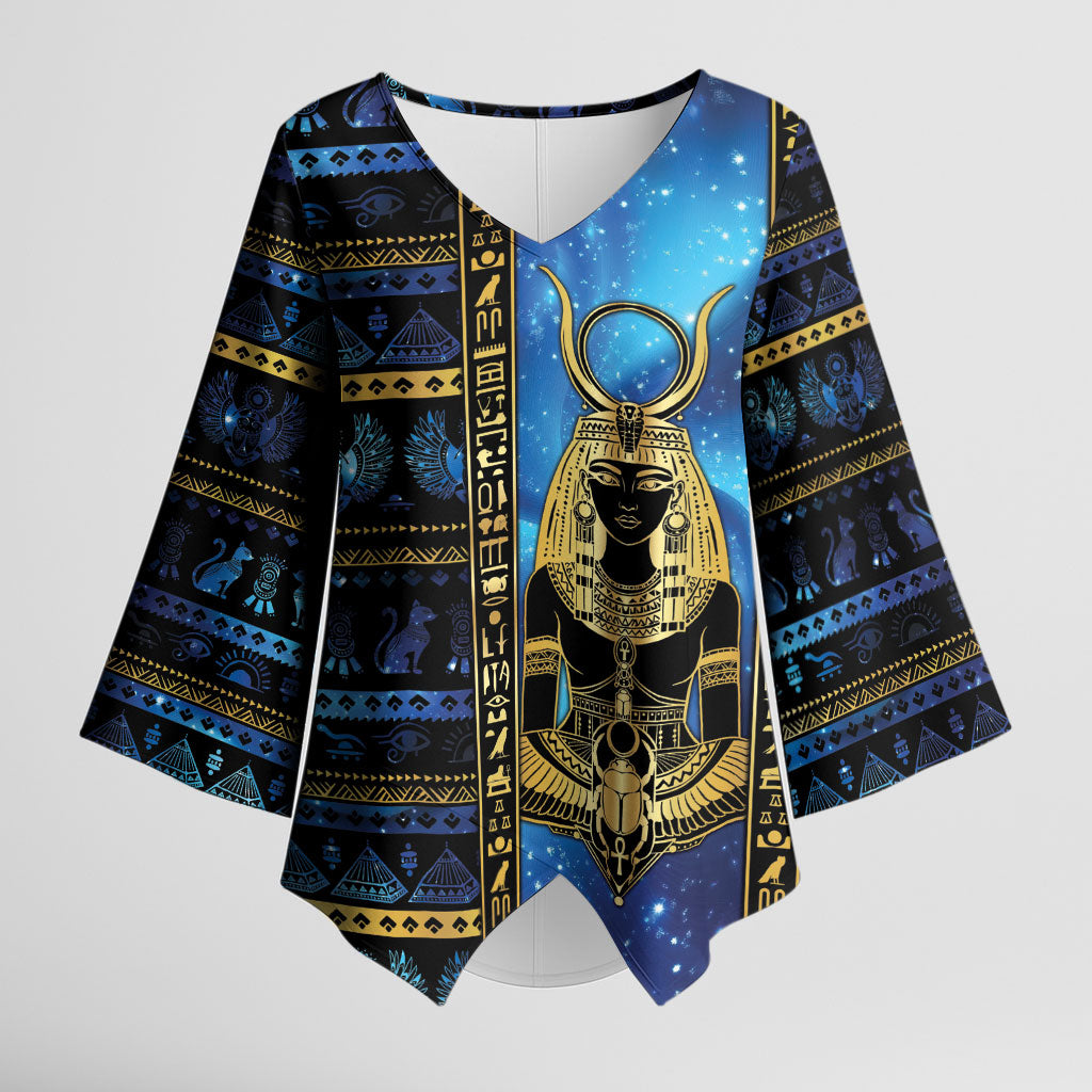 Egyptian Goddess Hathor Kimono Sleeve Blouse Galaxy Ancient Mythology Sun Disk Cow Horn