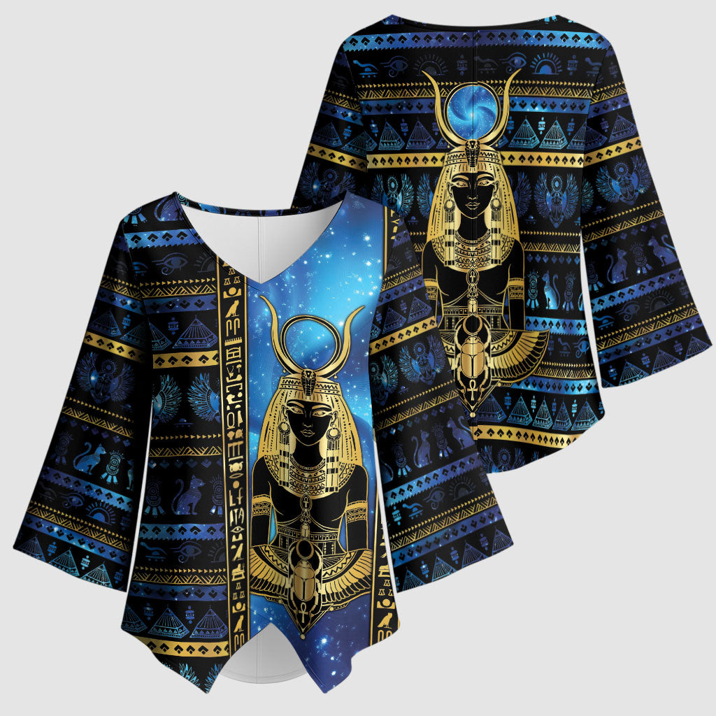 Egyptian Goddess Hathor Kimono Sleeve Blouse Galaxy Ancient Mythology Sun Disk Cow Horn