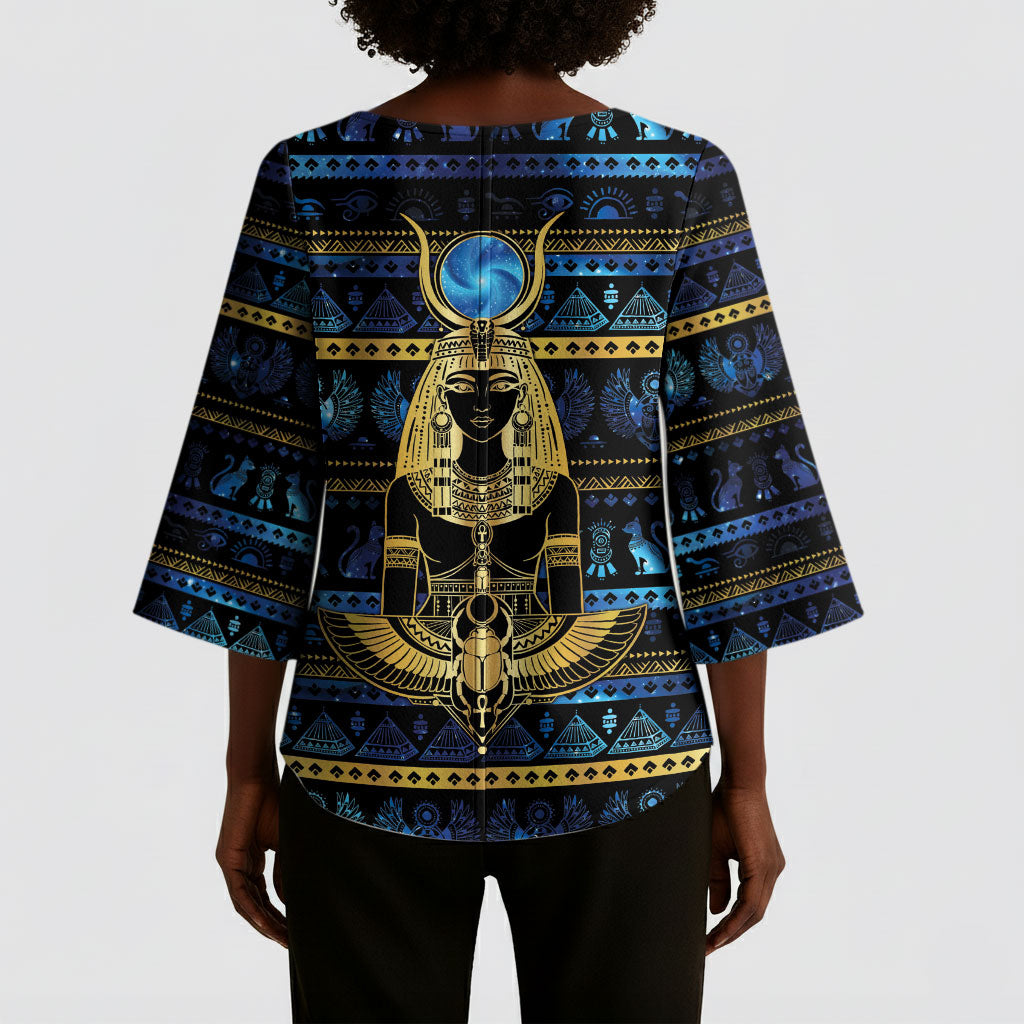Egyptian Goddess Hathor Kimono Sleeve Blouse Galaxy Ancient Mythology Sun Disk Cow Horn