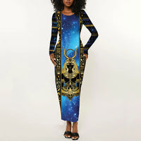Egyptian Goddess Hathor Long Sleeve Bodycon Dress Galaxy Ancient Mythology Sun Disk Cow Horn