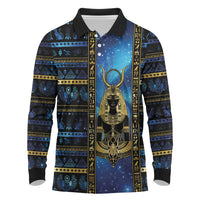 Egyptian Goddess Hathor Long Sleeve Polo Shirt Galaxy Ancient Mythology Sun Disk Cow Horn