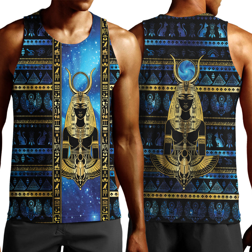 Egyptian Goddess Hathor Men Tank Top Galaxy Ancient Mythology Sun Disk Cow Horn