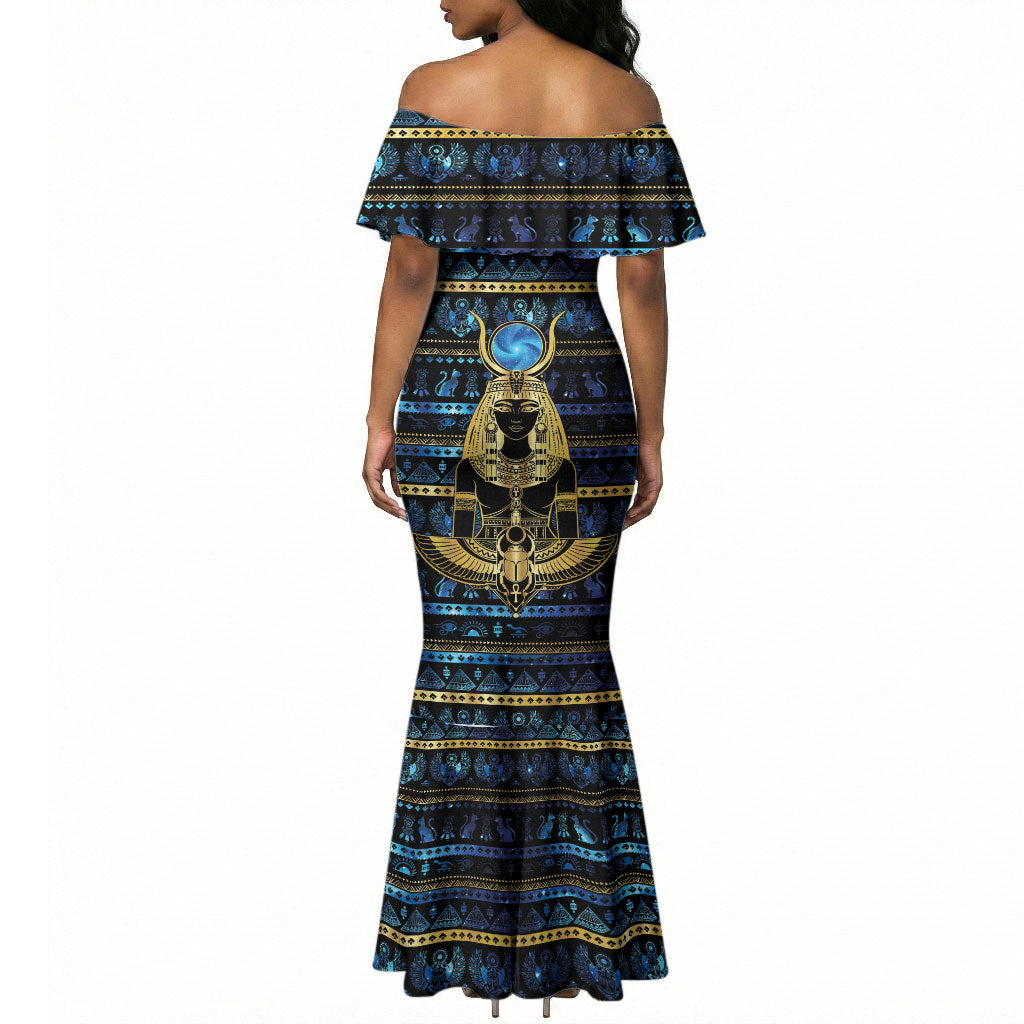 Egyptian Goddess Hathor Mermaid Dress Galaxy Ancient Mythology Sun Disk Cow Horn