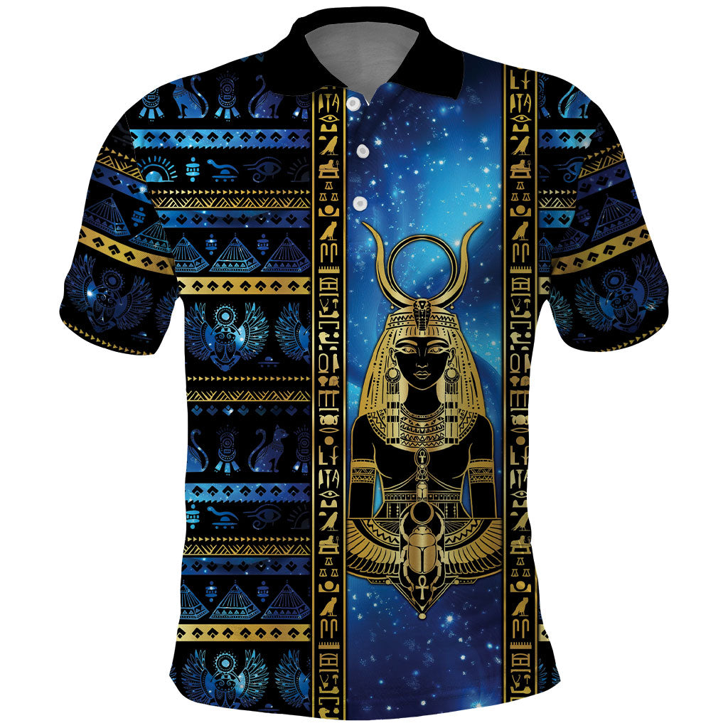 Egyptian Goddess Hathor Polo Shirt Galaxy Ancient Mythology Sun Disk Cow Horn