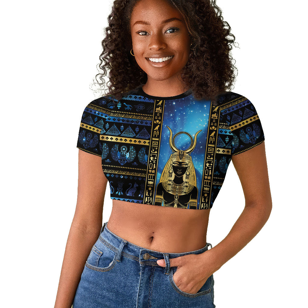 Egyptian Goddess Hathor Raglan Cropped T shirt Galaxy Ancient Mythology Sun Disk Cow Horn