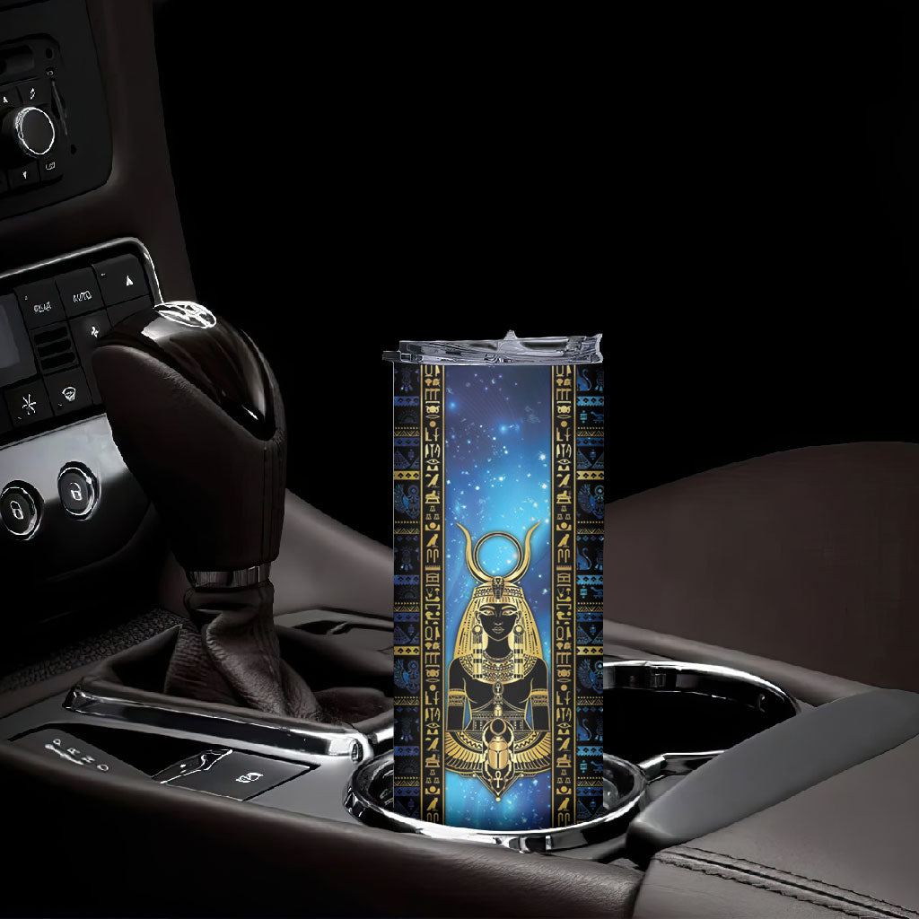 Egyptian Goddess Hathor Skinny Tumbler Galaxy Ancient Mythology Sun Disk Cow Horn