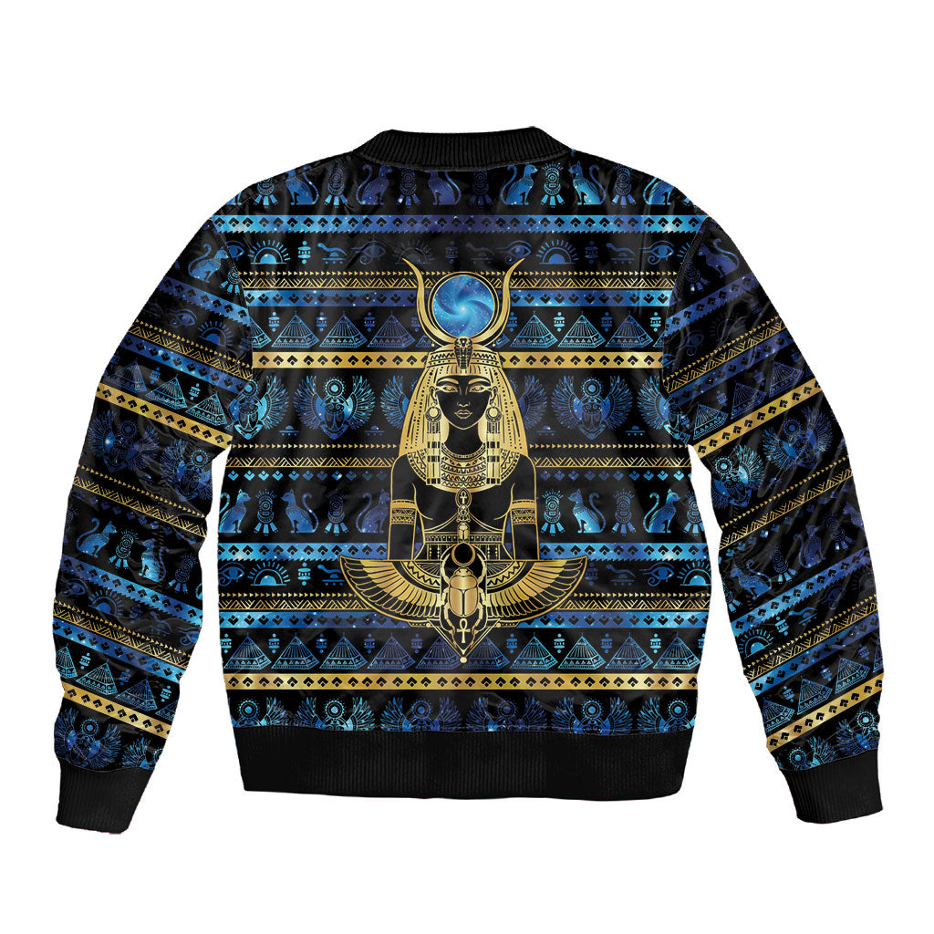 Egyptian Goddess Hathor Sleeve Zip Bomber Jacket Galaxy Ancient Mythology Sun Disk Cow Horn