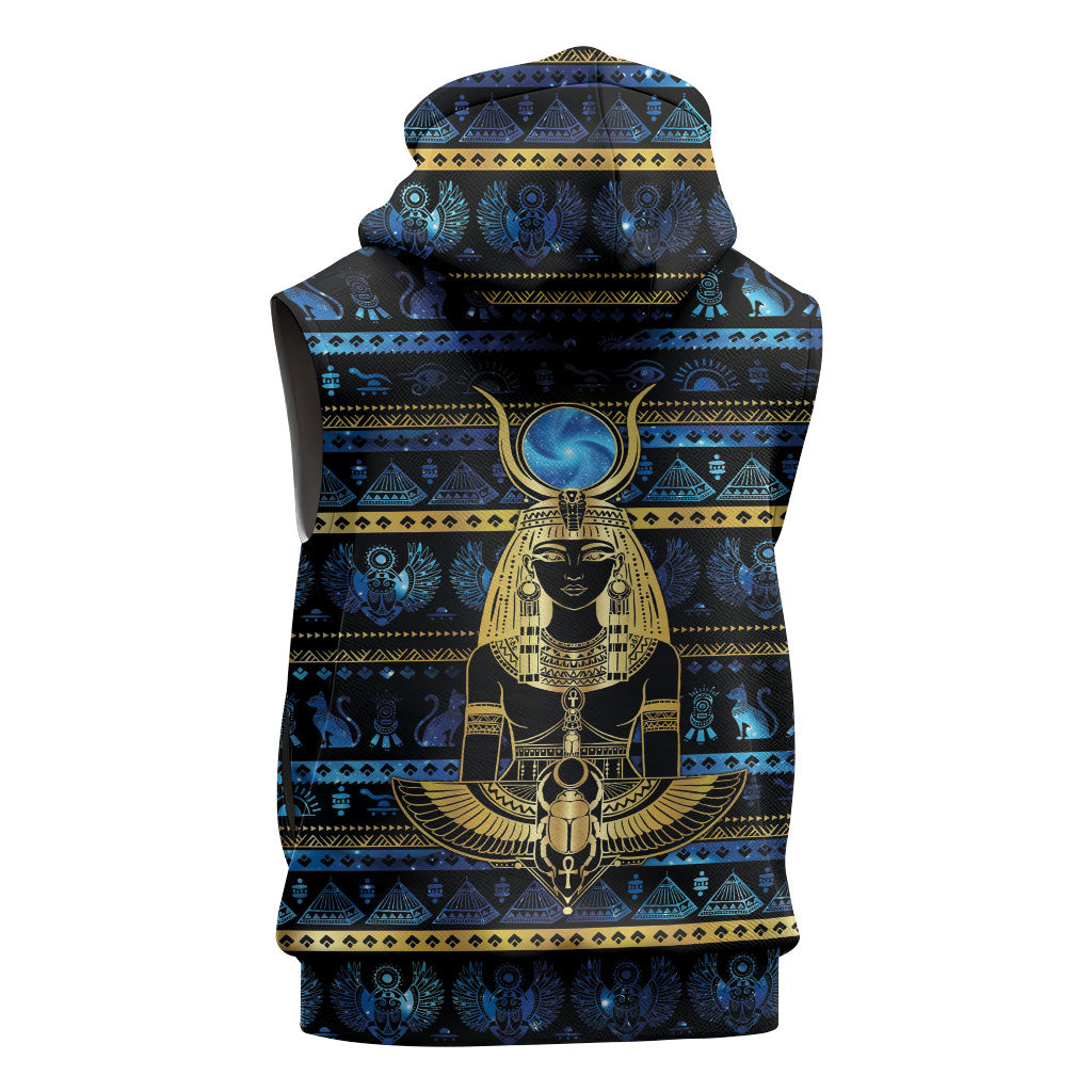 Egyptian Goddess Hathor Sleeveless Hoodie Galaxy Ancient Mythology Sun Disk Cow Horn