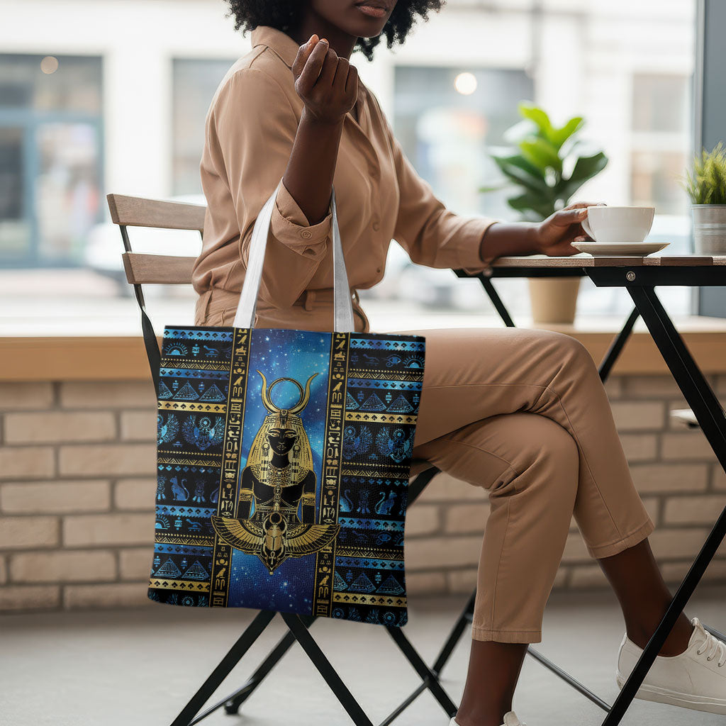 Egyptian Goddess Hathor Tote Bag Galaxy Ancient Mythology Sun Disk Cow Horn