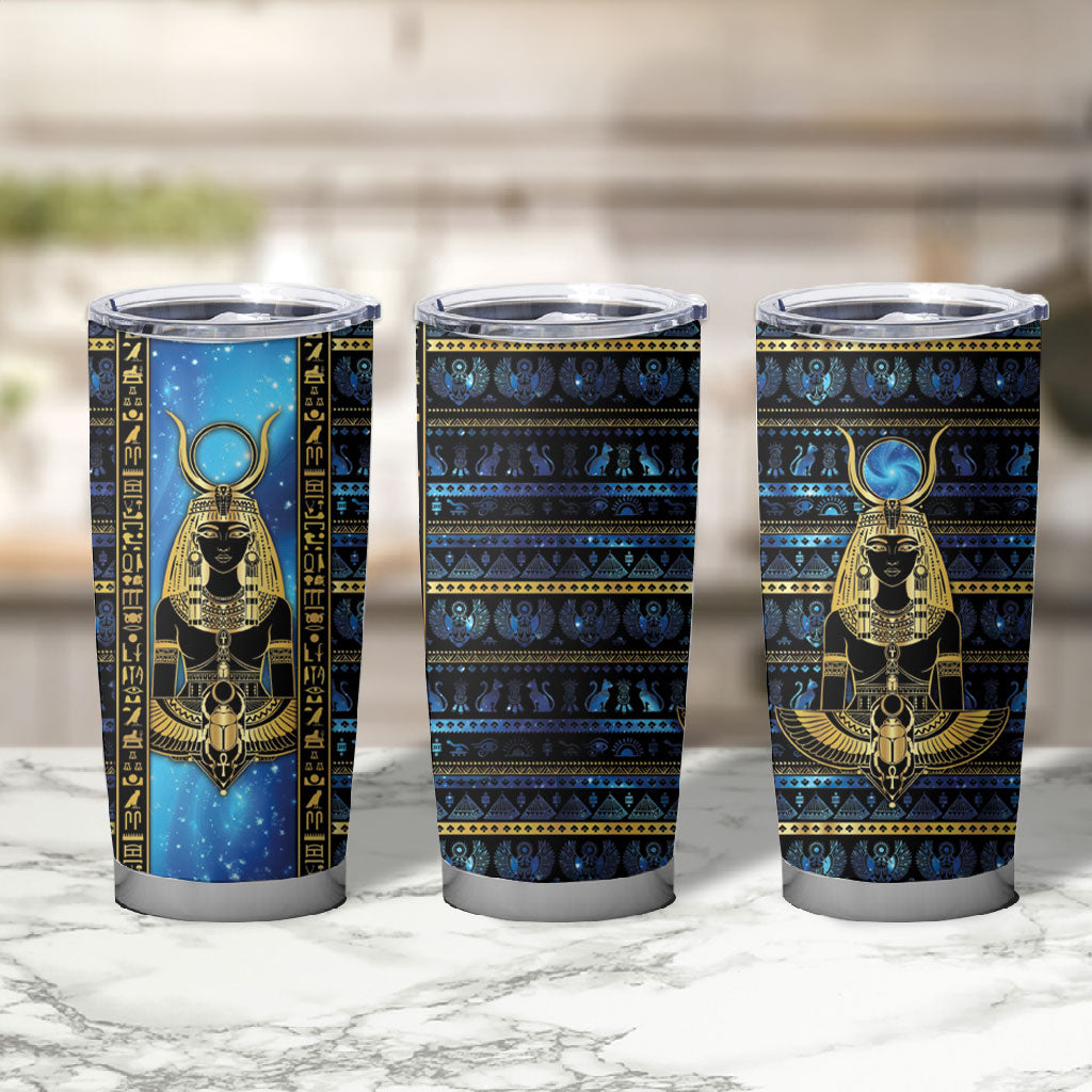 Egyptian Goddess Hathor Tumbler Cup Galaxy Ancient Mythology Sun Disk Cow Horn