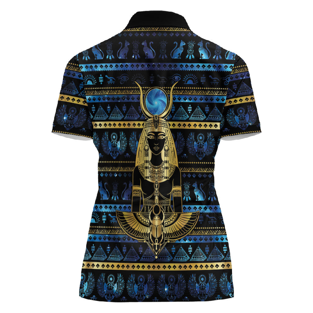 Egyptian Goddess Hathor Women Polo Shirt Galaxy Ancient Mythology Sun Disk Cow Horn
