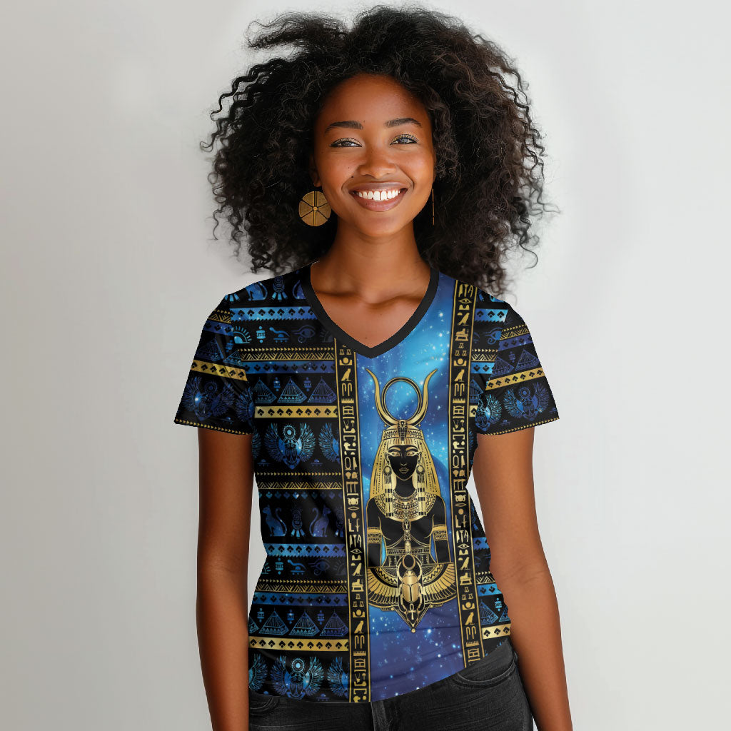 Egyptian Goddess Hathor Women V-Neck T-Shirt Galaxy Ancient Mythology Sun Disk Cow Horn