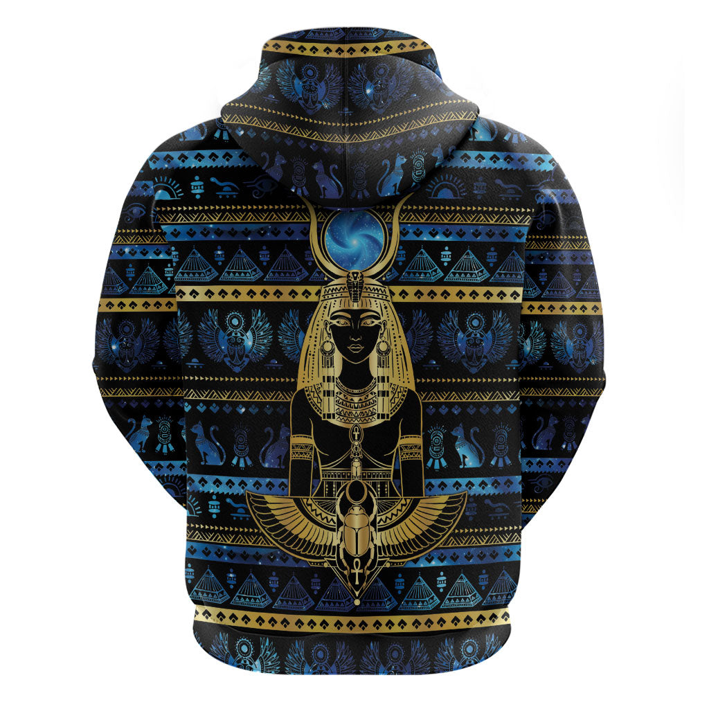 Egyptian Goddess Hathor Zip Hoodie Galaxy Ancient Mythology Sun Disk Cow Horn