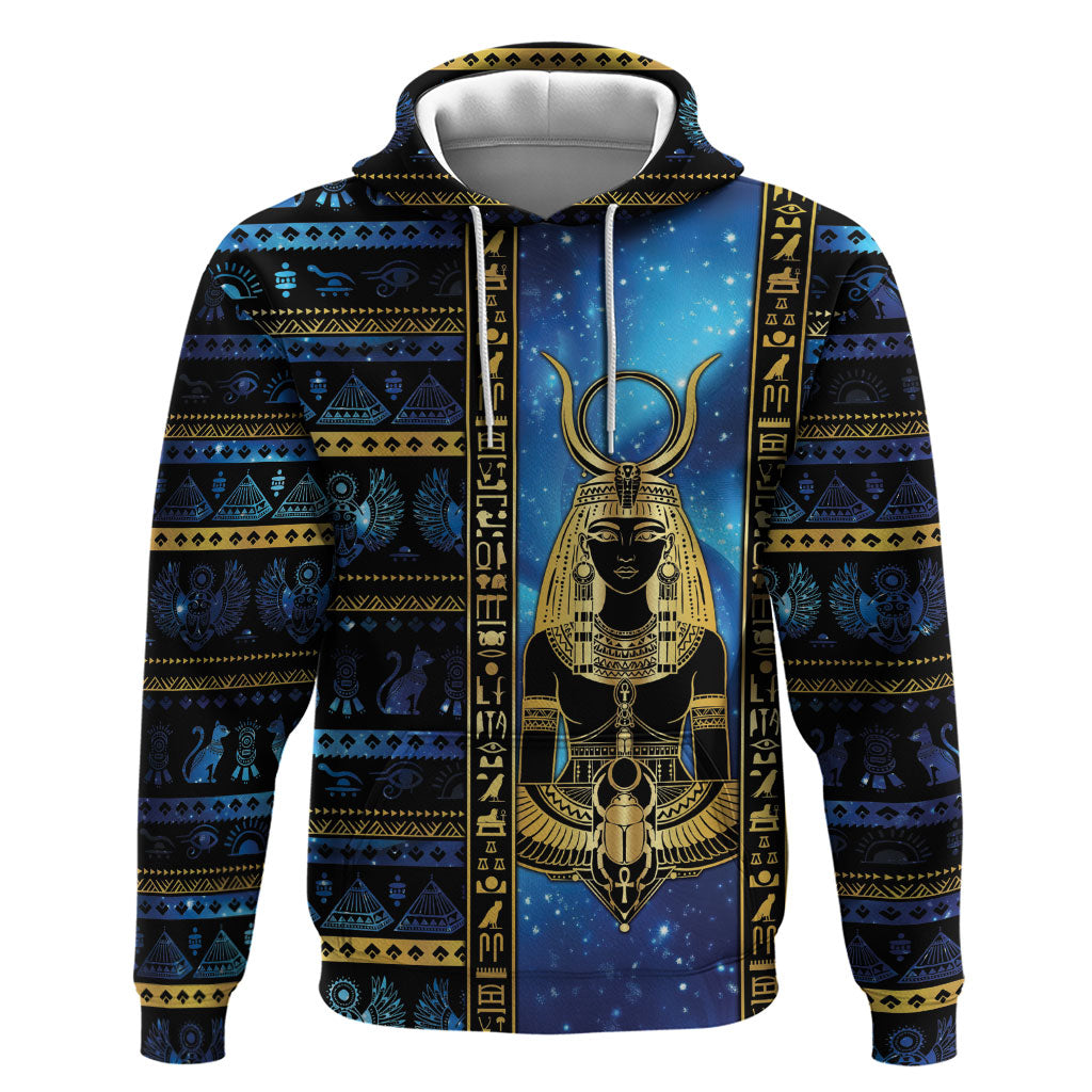 Egyptian Goddess Hathor Zip Hoodie Galaxy Ancient Mythology Sun Disk Cow Horn