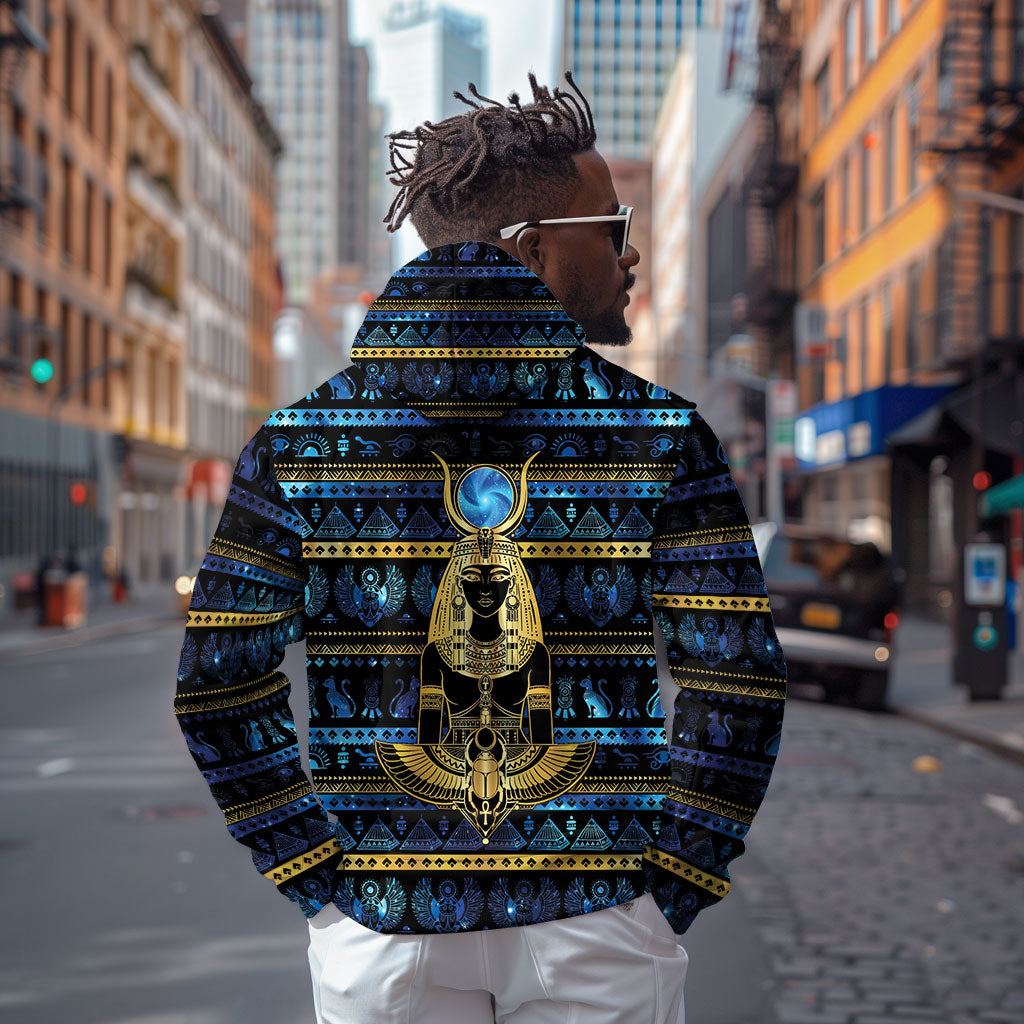 Egyptian Goddess Hathor Zip Hoodie Galaxy Ancient Mythology Sun Disk Cow Horn