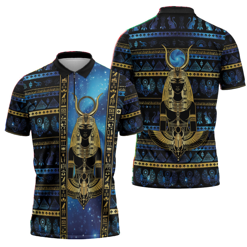 Egyptian Goddess Hathor Zipper Polo Shirt Galaxy Ancient Mythology Sun Disk Cow Horn