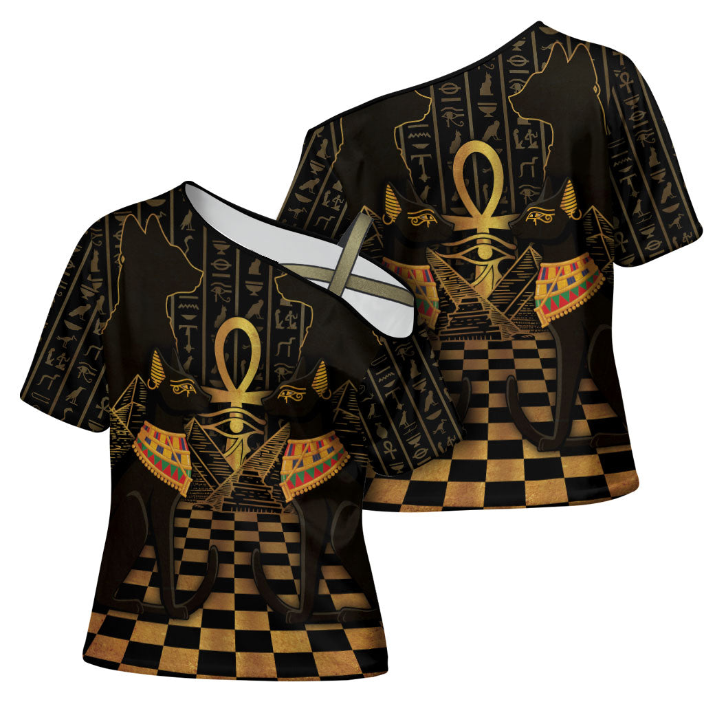 Egyptian Goddess Bastet Cross Shoulder Shirt Ancient Mythology Sacred Black Cat