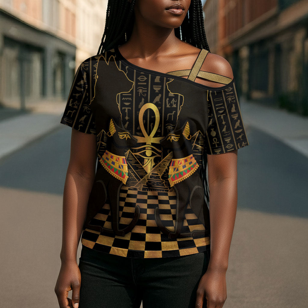 Egyptian Goddess Bastet Cross Shoulder Shirt Ancient Mythology Sacred Black Cat