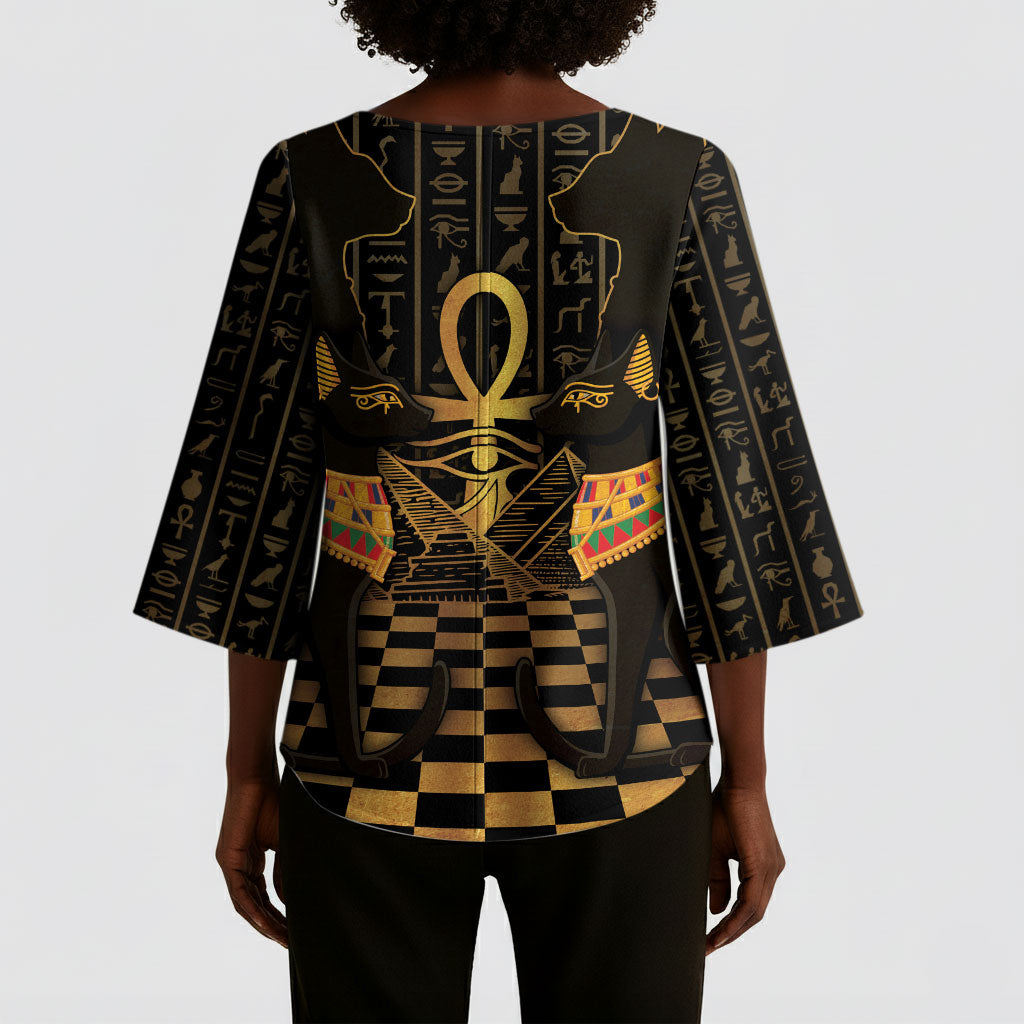 Egyptian Goddess Bastet Kimono Sleeve Blouse Ancient Mythology Sacred Black Cat