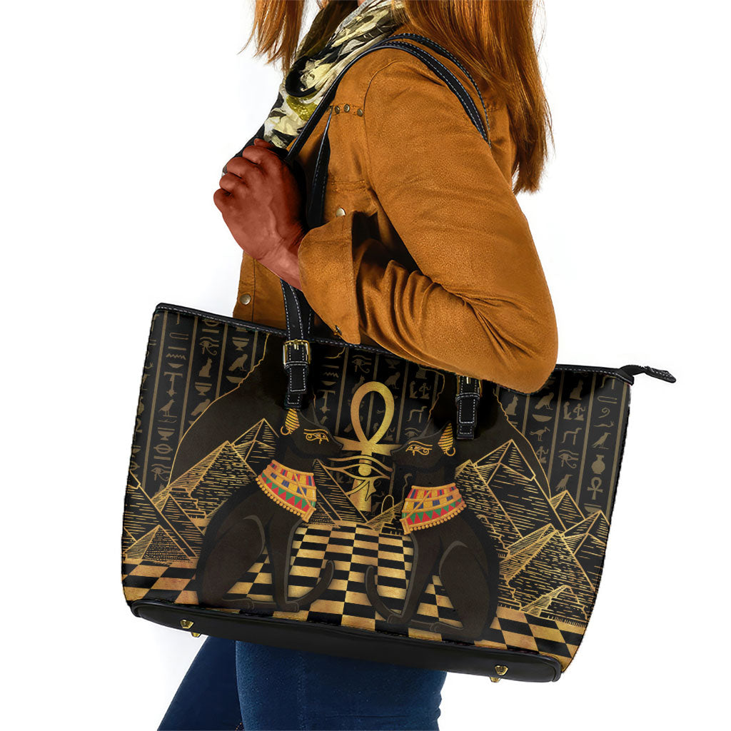Egyptian Goddess Bastet Leather Tote Bag Ancient Mythology Sacred Black Cat