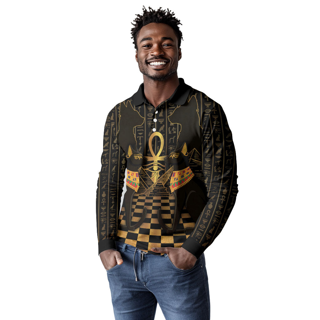 Egyptian Goddess Bastet Long Sleeve Polo Shirt Ancient Mythology Sacred Black Cat