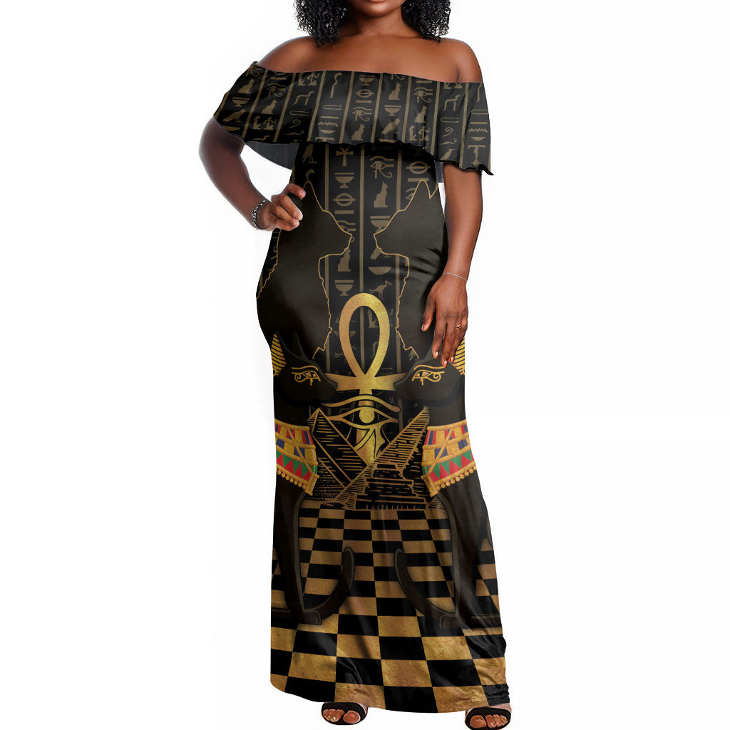 Egyptian Goddess Bastet Off Shoulder Maxi Dress Ancient Mythology Sacred Black Cat