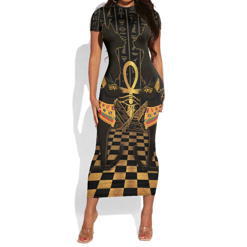 Egyptian Goddess Bastet Short Sleeve Bodycon Dress Ancient Mythology Sacred Black Cat