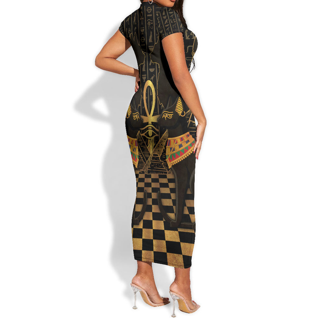 Egyptian Goddess Bastet Short Sleeve Bodycon Dress Ancient Mythology Sacred Black Cat