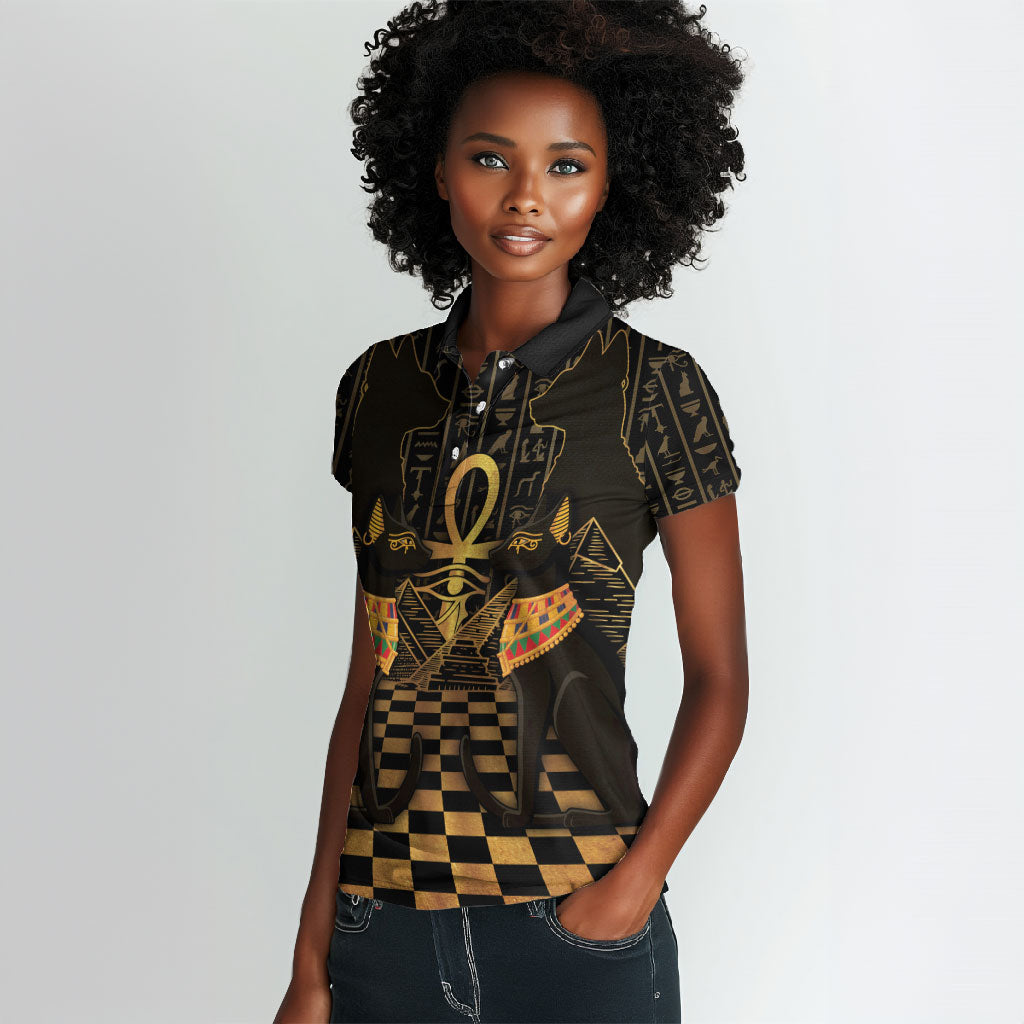 Egyptian Goddess Bastet Women Polo Shirt Ancient Mythology Sacred Black Cat