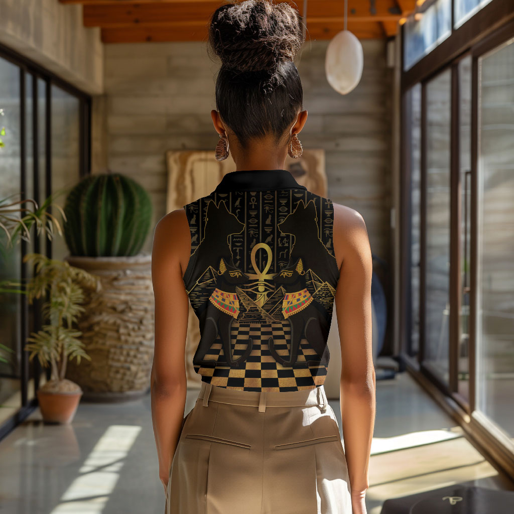 Egyptian Goddess Bastet Women Sleeveless Polo Shirt Ancient Mythology Sacred Black Cat