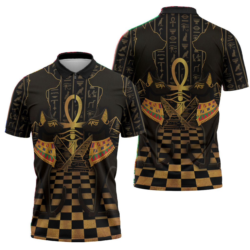 Egyptian Goddess Bastet Zipper Polo Shirt Ancient Mythology Sacred Black Cat