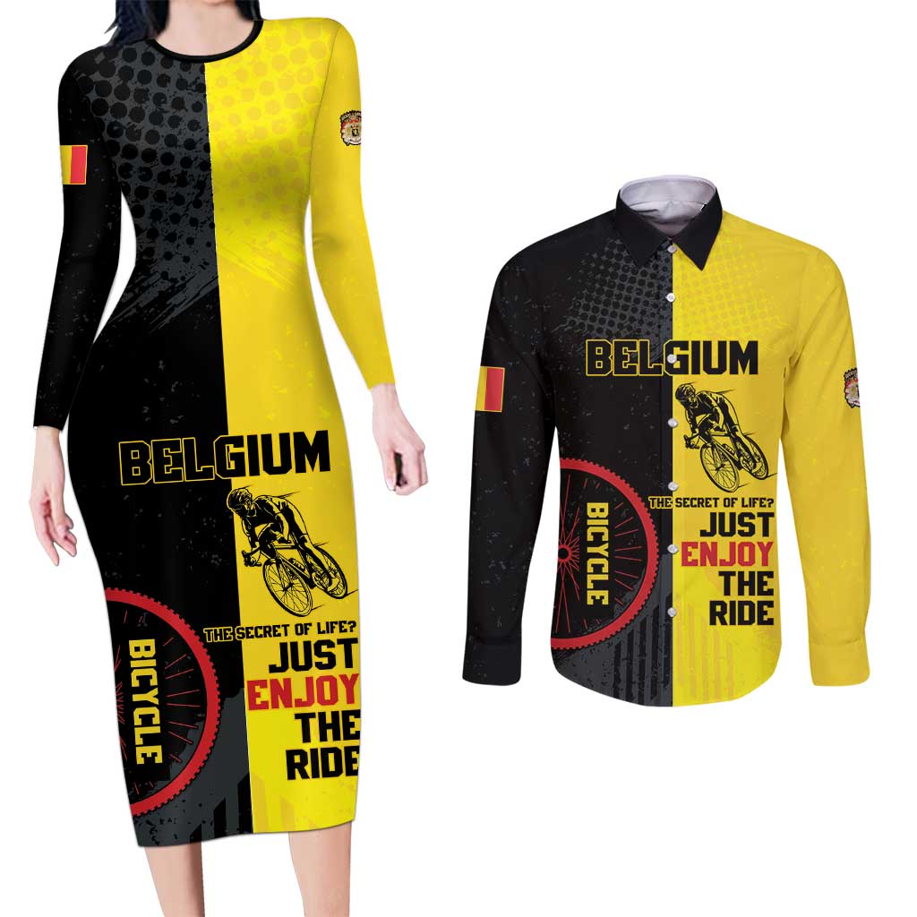 Personalized Belgium Cycling Couples Matching Long Sleeve Bodycon Dress and Long Sleeve Button Shirt Just Enjoy The Ride - Wonder Print Shop