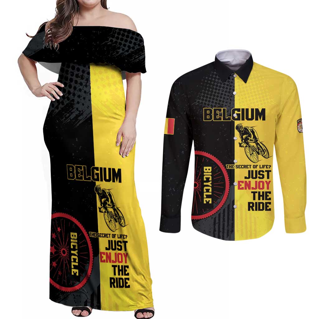 Personalized Belgium Cycling Couples Matching Off Shoulder Maxi Dress and Long Sleeve Button Shirt Just Enjoy The Ride - Wonder Print Shop