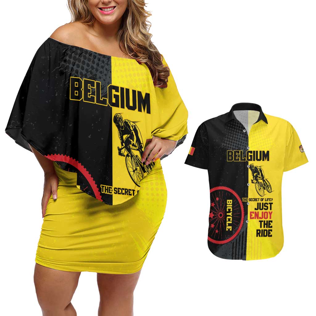 Personalized Belgium Cycling Couples Matching Off Shoulder Short Dress and Hawaiian Shirt Just Enjoy The Ride - Wonder Print Shop