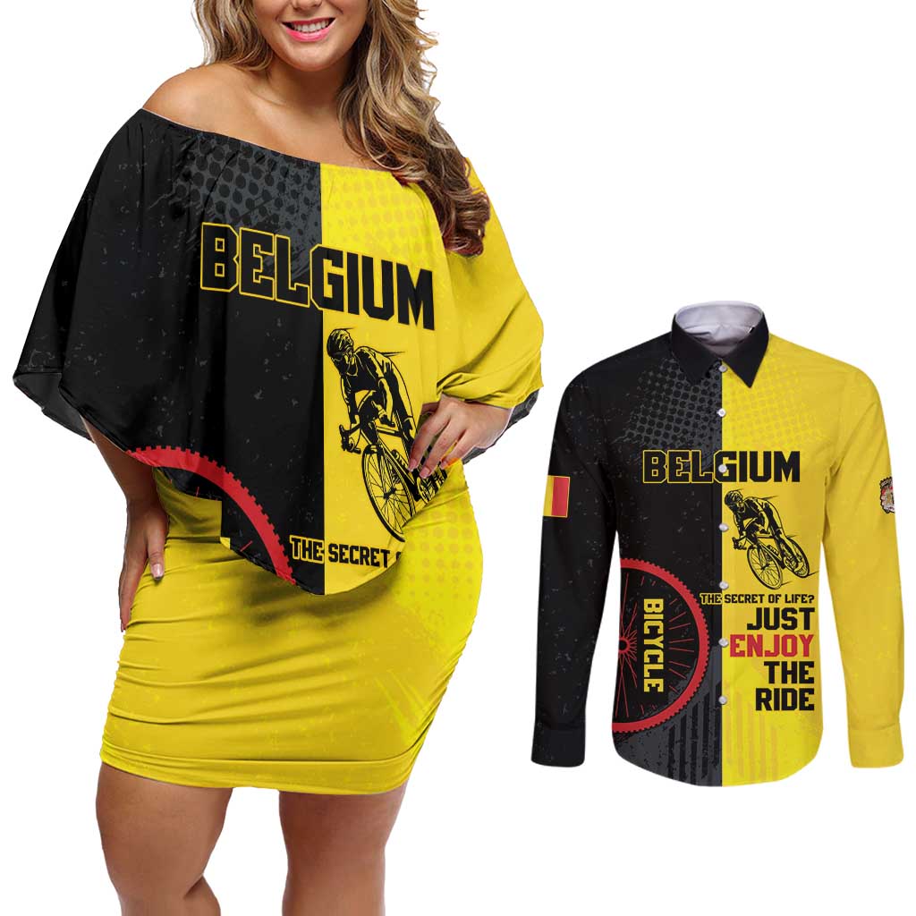 Personalized Belgium Cycling Couples Matching Off Shoulder Short Dress and Long Sleeve Button Shirt Just Enjoy The Ride - Wonder Print Shop