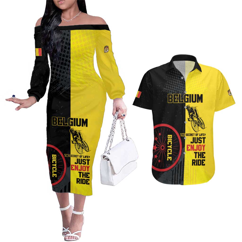Personalized Belgium Cycling Couples Matching Off The Shoulder Long Sleeve Dress and Hawaiian Shirt Just Enjoy The Ride - Wonder Print Shop
