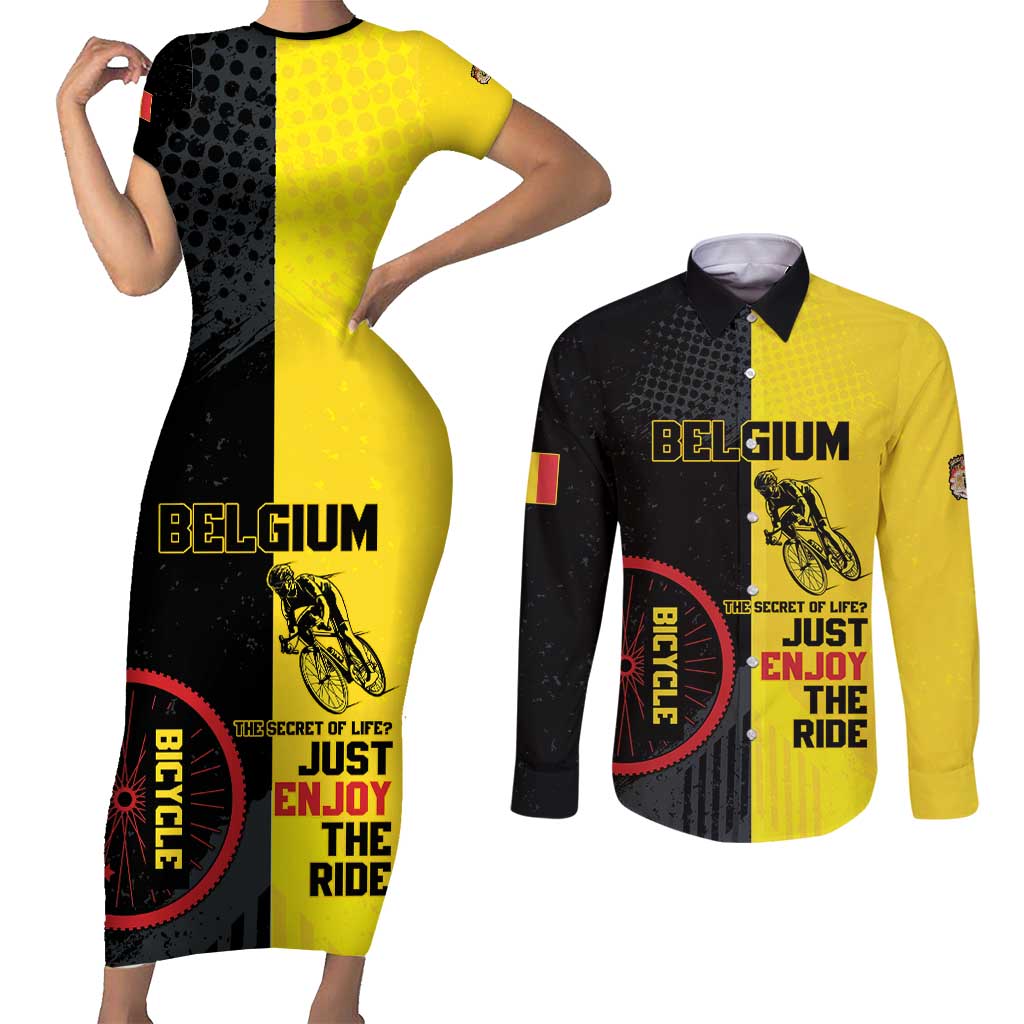 Personalized Belgium Cycling Couples Matching Short Sleeve Bodycon Dress and Long Sleeve Button Shirt Just Enjoy The Ride - Wonder Print Shop