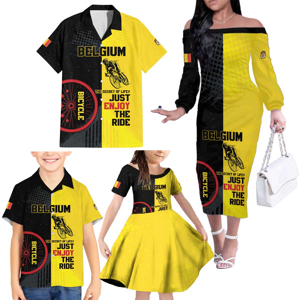 Personalized Belgium Cycling Family Matching Off The Shoulder Long Sleeve Dress and Hawaiian Shirt Just Enjoy The Ride - Wonder Print Shop
