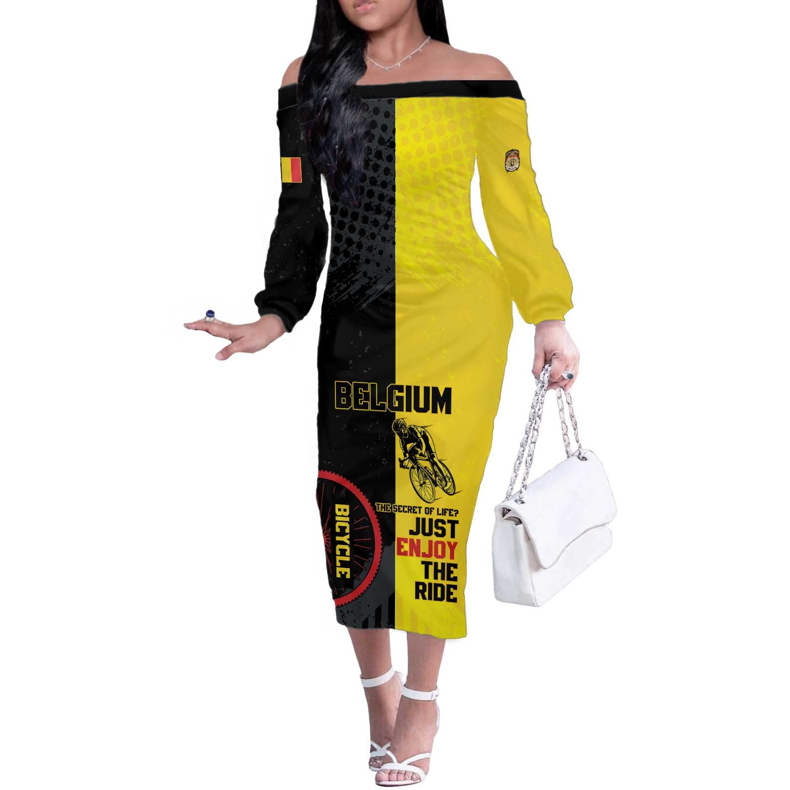 Personalized Belgium Cycling Off The Shoulder Long Sleeve Dress Just Enjoy The Ride - Wonder Print Shop