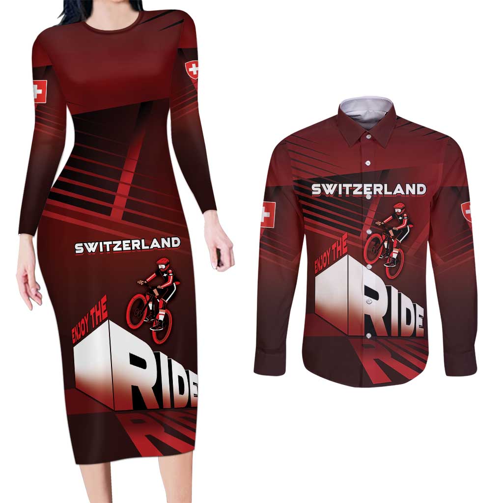 Personalized Switzerland Cycling Couples Matching Long Sleeve Bodycon Dress and Long Sleeve Button Shirt Sporty Style - Wonder Print Shop