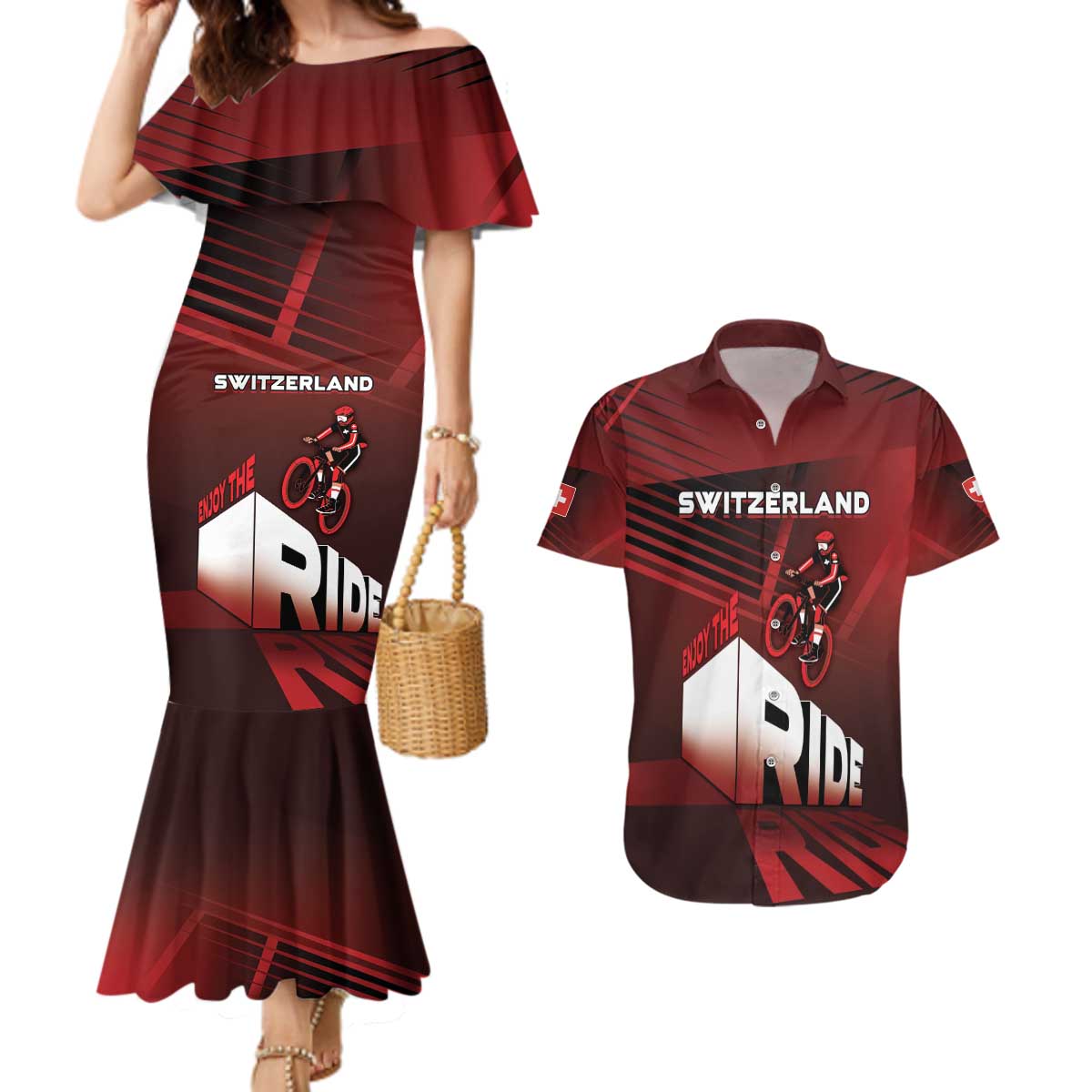 Personalized Switzerland Cycling Couples Matching Mermaid Dress and Hawaiian Shirt Sporty Style - Wonder Print Shop