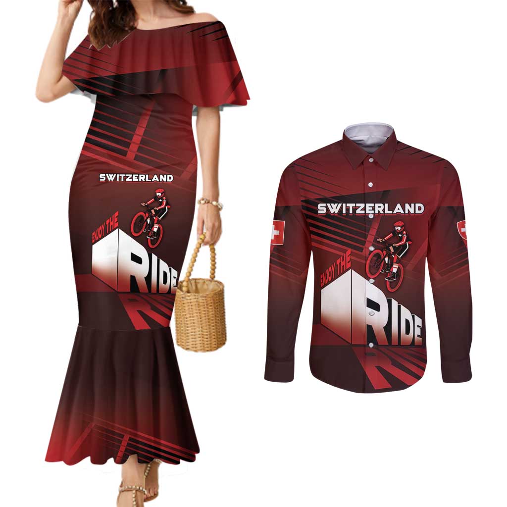 Personalized Switzerland Cycling Couples Matching Mermaid Dress and Long Sleeve Button Shirt Sporty Style - Wonder Print Shop