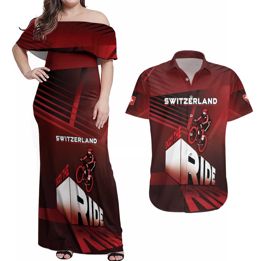 Personalized Switzerland Cycling Couples Matching Off Shoulder Maxi Dress and Hawaiian Shirt Sporty Style - Wonder Print Shop