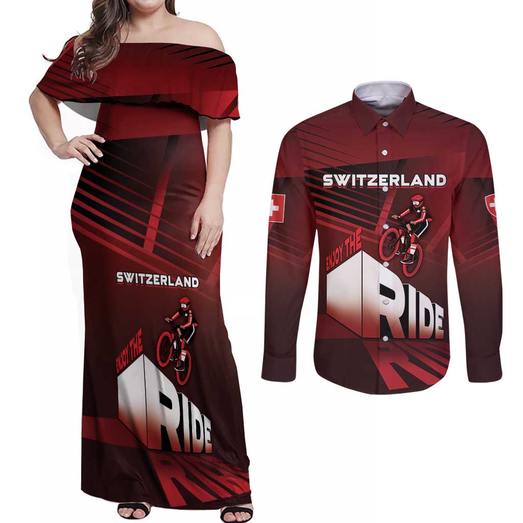 Personalized Switzerland Cycling Couples Matching Off Shoulder Maxi Dress and Long Sleeve Button Shirt Sporty Style - Wonder Print Shop