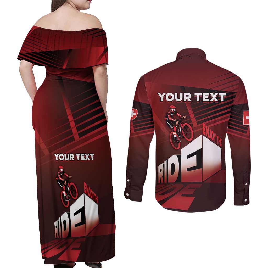 Personalized Switzerland Cycling Couples Matching Off Shoulder Maxi Dress and Long Sleeve Button Shirt Sporty Style - Wonder Print Shop
