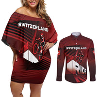 Personalized Switzerland Cycling Couples Matching Off Shoulder Short Dress and Long Sleeve Button Shirt Sporty Style - Wonder Print Shop
