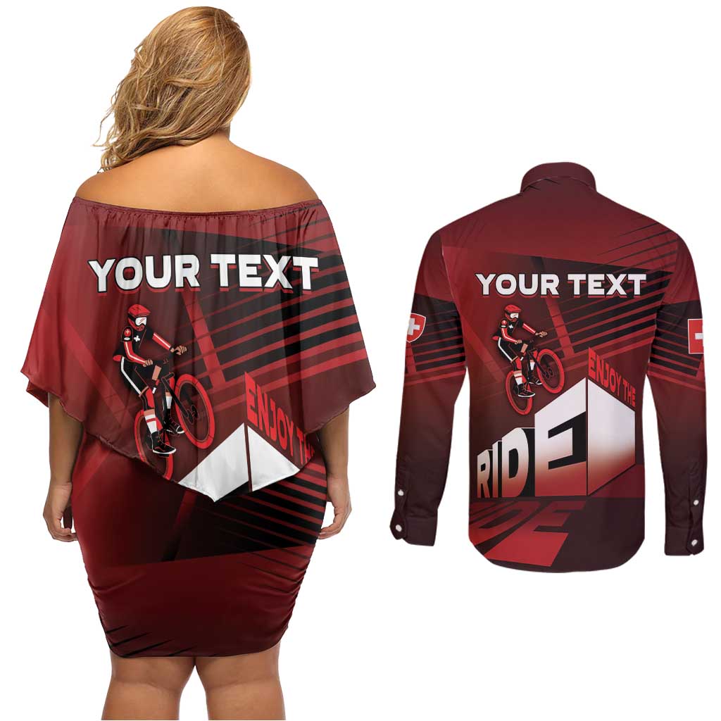 Personalized Switzerland Cycling Couples Matching Off Shoulder Short Dress and Long Sleeve Button Shirt Sporty Style - Wonder Print Shop